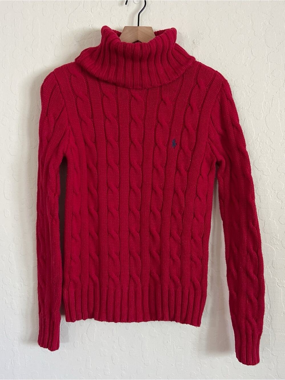 Vintage Y2K Ralph Lauren 100% Cotton Cable Knit Turtleneck Sweater Medium Red